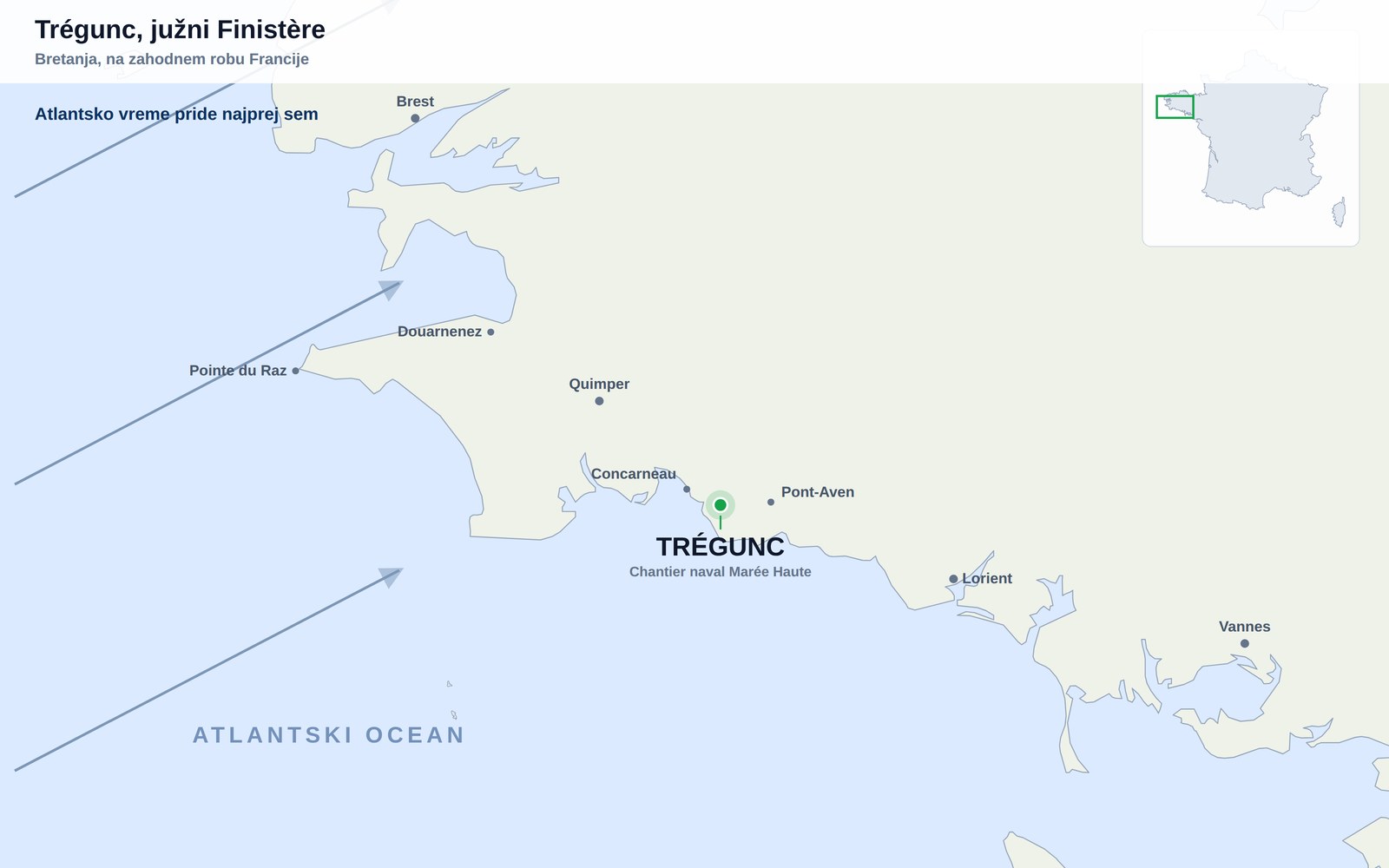 Karta južne obale Finistèra s Tréguncem med Concarneaujem in Pont-Avenom, z Brestom, Quimperjem in Lorientom za orientacijo ter odprtim Atlantikom na jugozahodu