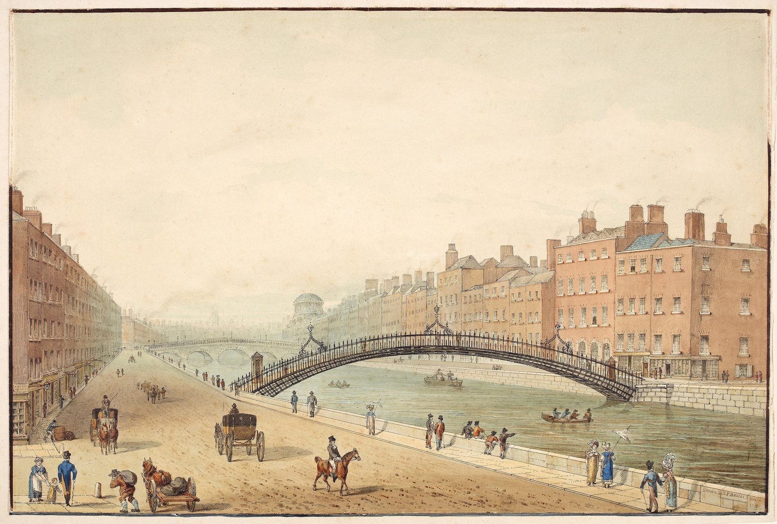 Pintura da Ha'penny Bridge sobre o rio Liffey em Dublin, de Samuel Frederick Brocas, 1818, com carruagens no cais