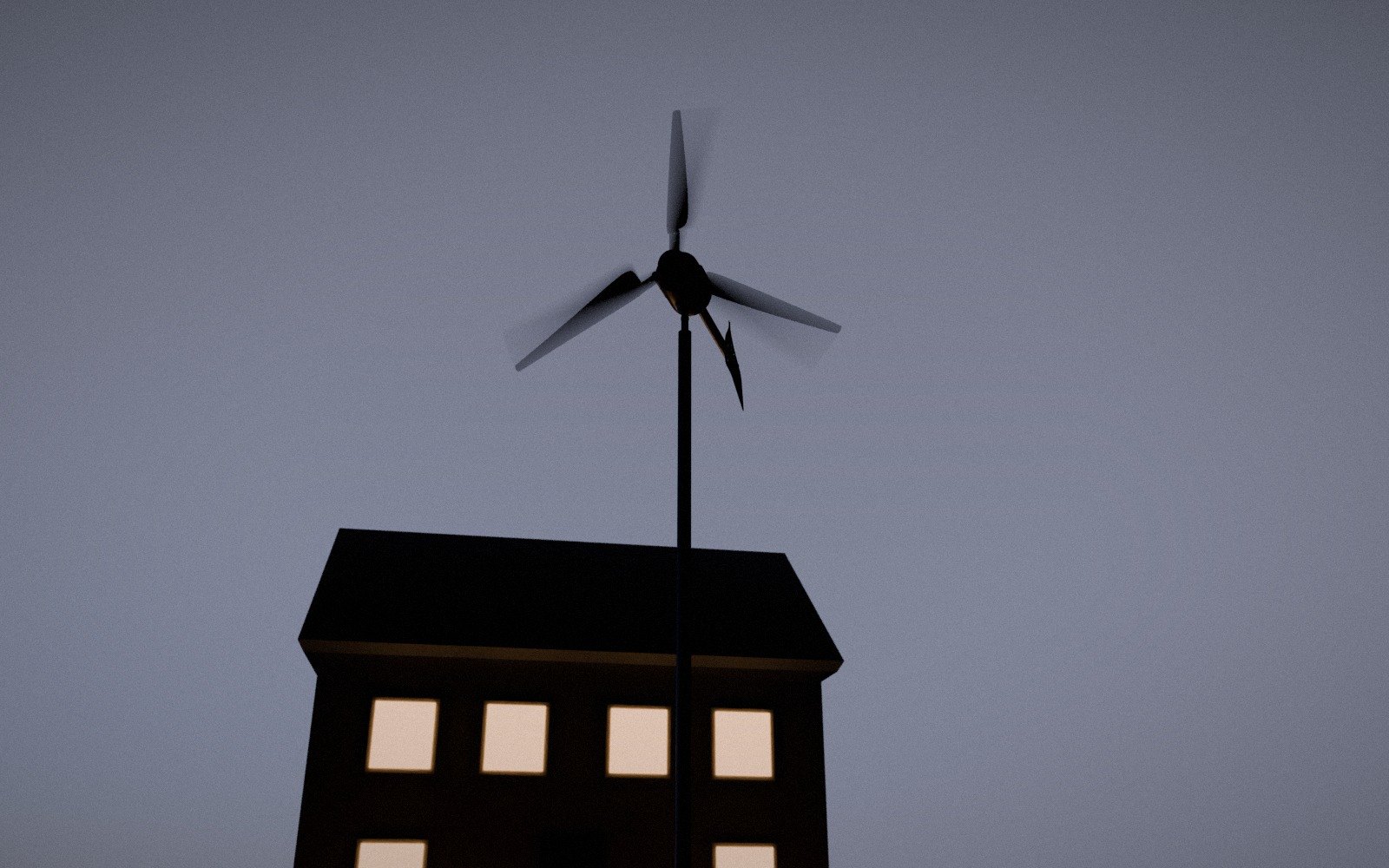 TESUP Magnum horizontal wind turbine spinning at night beside a snowy house with warm lit windows