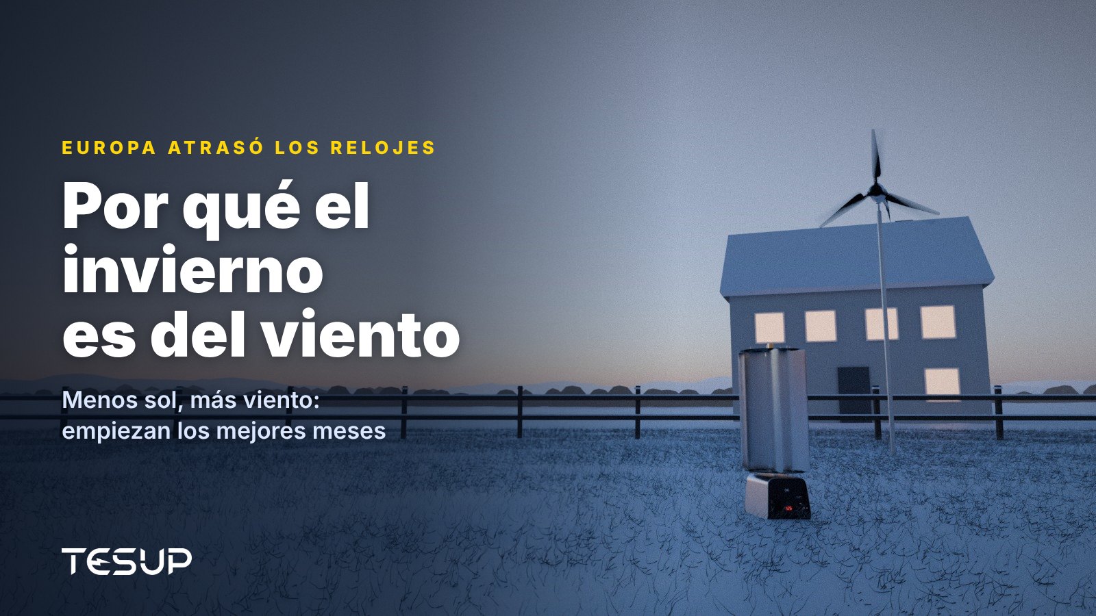 Turbinas eólicas TESUP Atlas y Magnum en un jardín nevado al anochecer junto a una casa con las ventanas iluminadas, con el titular: por qué el invierno es del viento