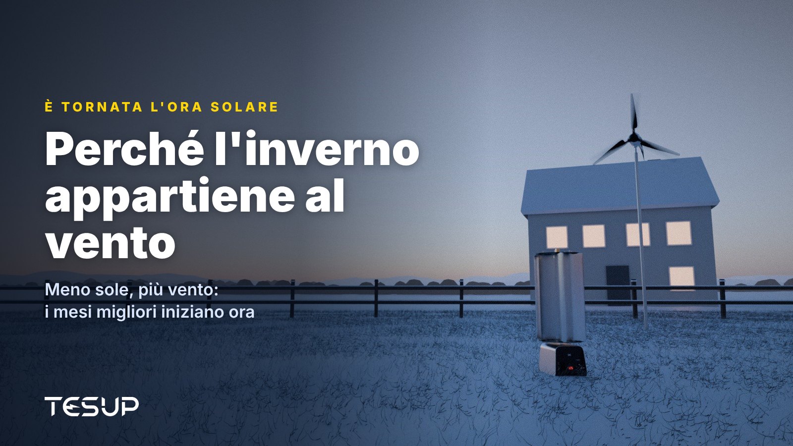 Turbine eoliche TESUP Atlas e Magnum in un giardino innevato al crepuscolo accanto a una casa con le finestre illuminate, con il titolo: perché l'inverno appartiene al vento