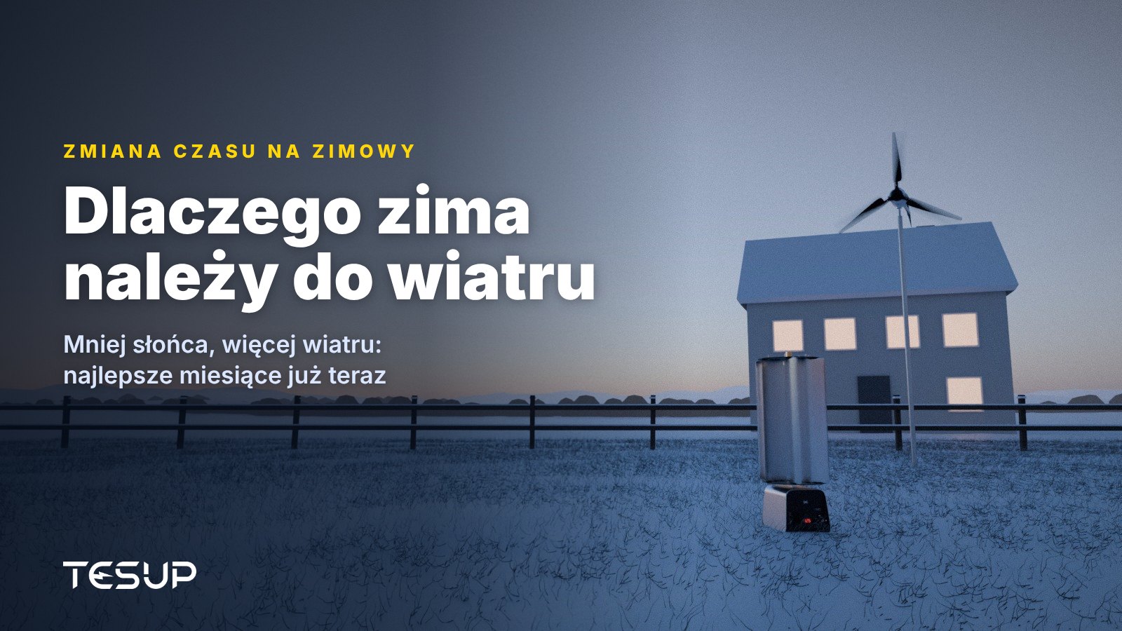 Turbiny wiatrowe TESUP Atlas i Magnum w zaśnieżonym ogrodzie o zmierzchu obok domu z oświetlonymi oknami, z nagłówkiem: dlaczego zima należy do wiatru