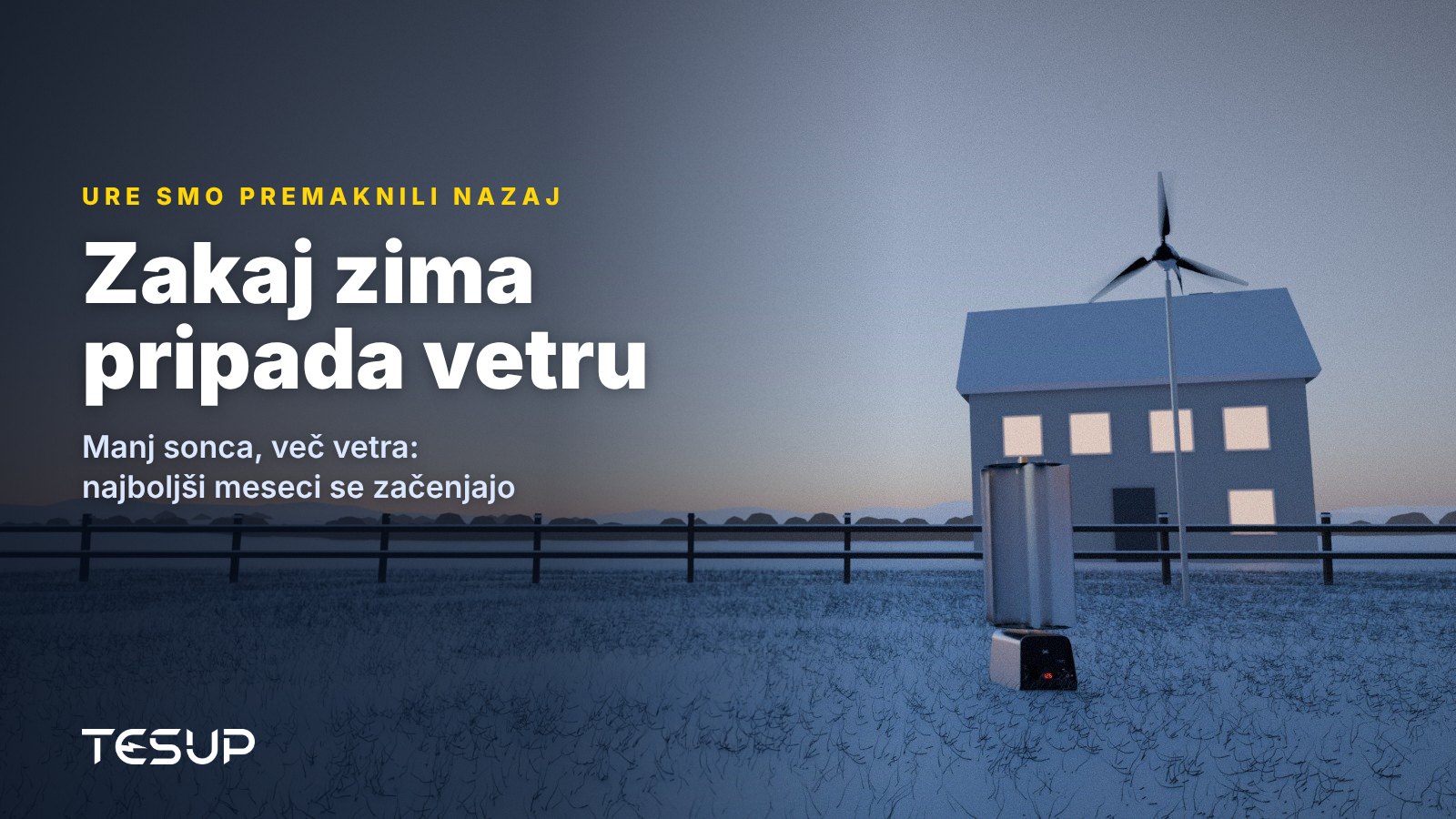 Vetrni turbini TESUP Atlas in Magnum v zasneženem vrtu ob mraku poleg hiše z osvetljenimi okni, z naslovom: zakaj zima pripada vetru