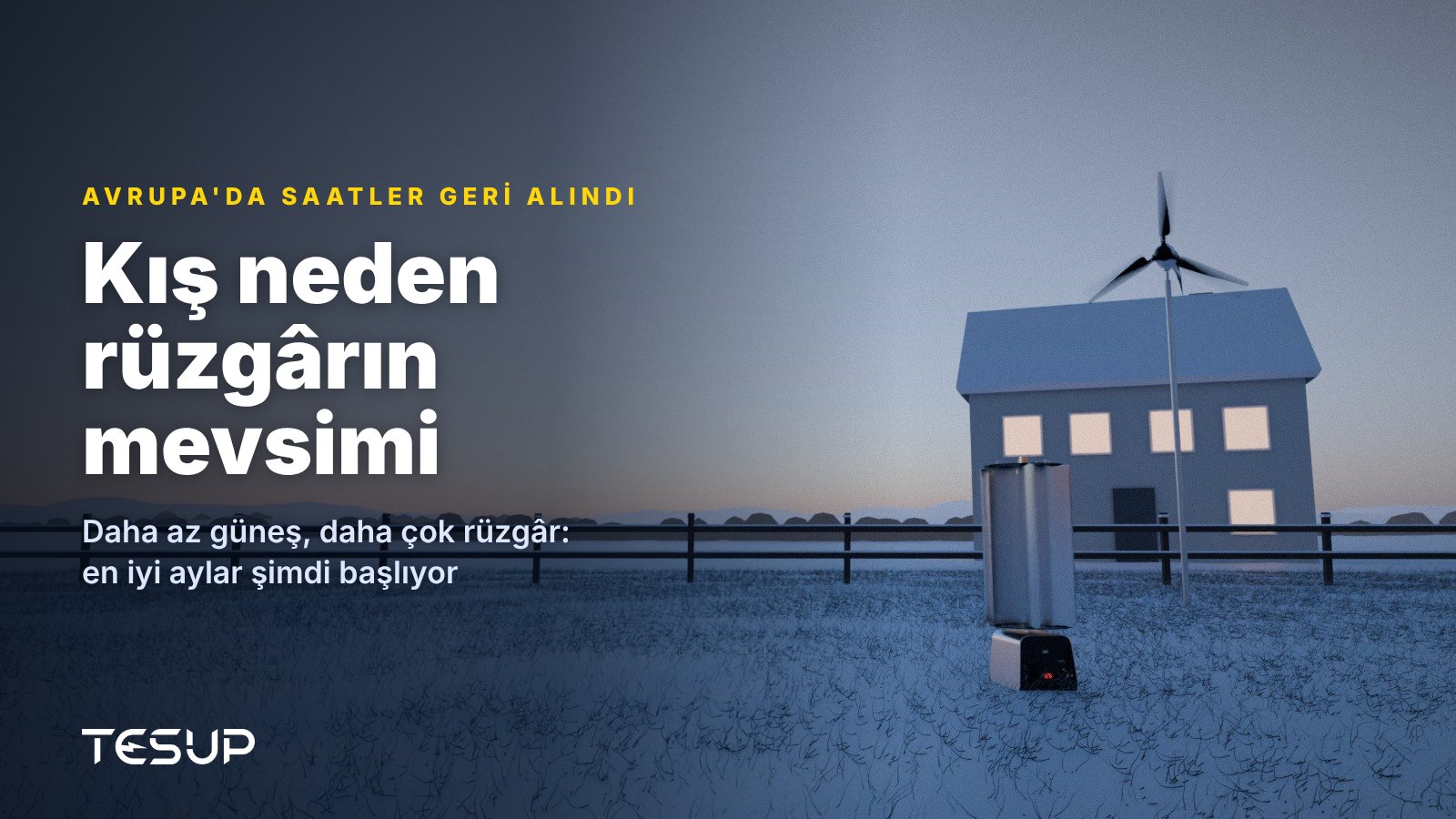 Alacakaranlıkta, pencereleri ışıklı bir evin yanında karla kaplı bir bahçede TESUP Atlas ve Magnum rüzgâr türbinleri; başlık: kış neden rüzgârın mevsimi