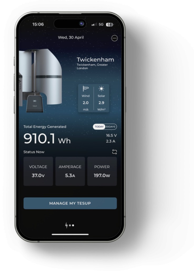 The MyTESUP app showing live wind speed and solar irradiance tiles alongside energy figures